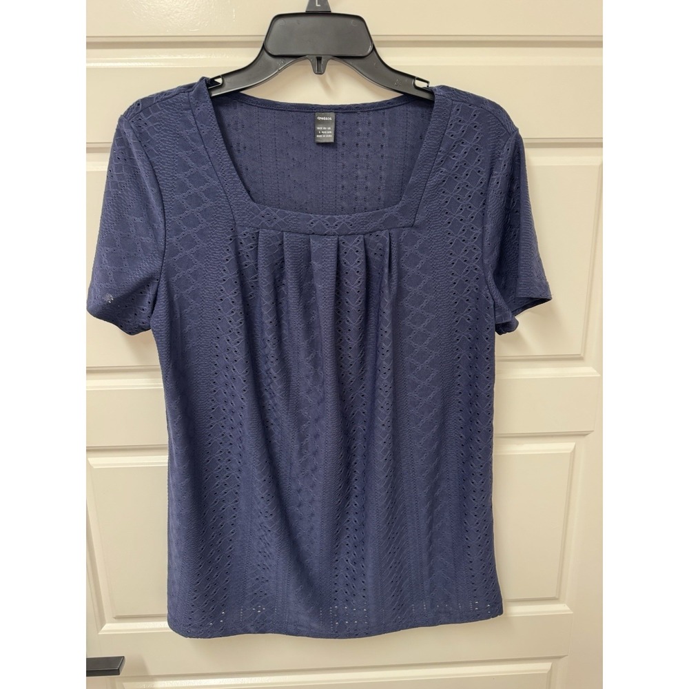 RANLEGE Blue Eyelet Short Sleeve Square Neck Pleated Tunic Top Women's L 8/10
